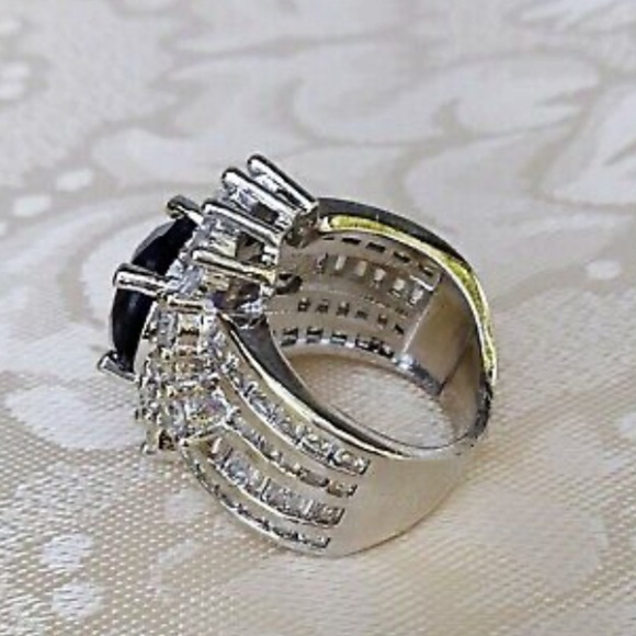 Blue Sapphire Sterling Silver Baguette Crown Statement Ring - Picture 12 of 14